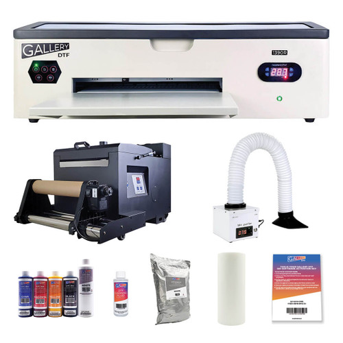 Gallery DTF Printer Bundle 1390R, CMYKW Inks, DTF Powder, DTF Film, Software, Inline Roll Shaker & Oven With Filter